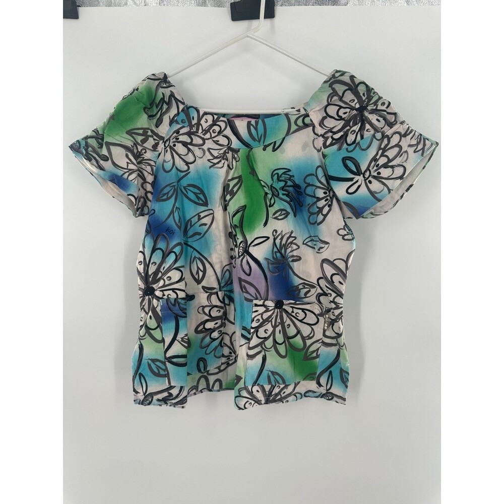 Koi by Kathy Peterson Watercolor Floral Scrub Top Blue Green Pleated Neck Size M